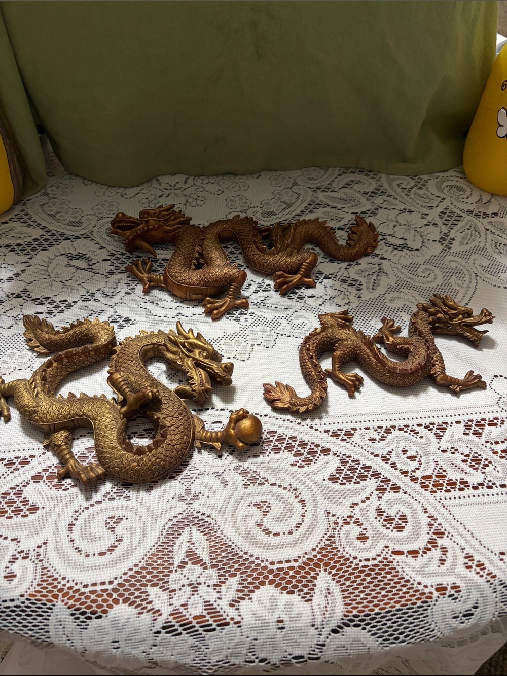 Set of 3 Vintage Decorative Oriental Dragon Wall Accents - Antique Gold Color